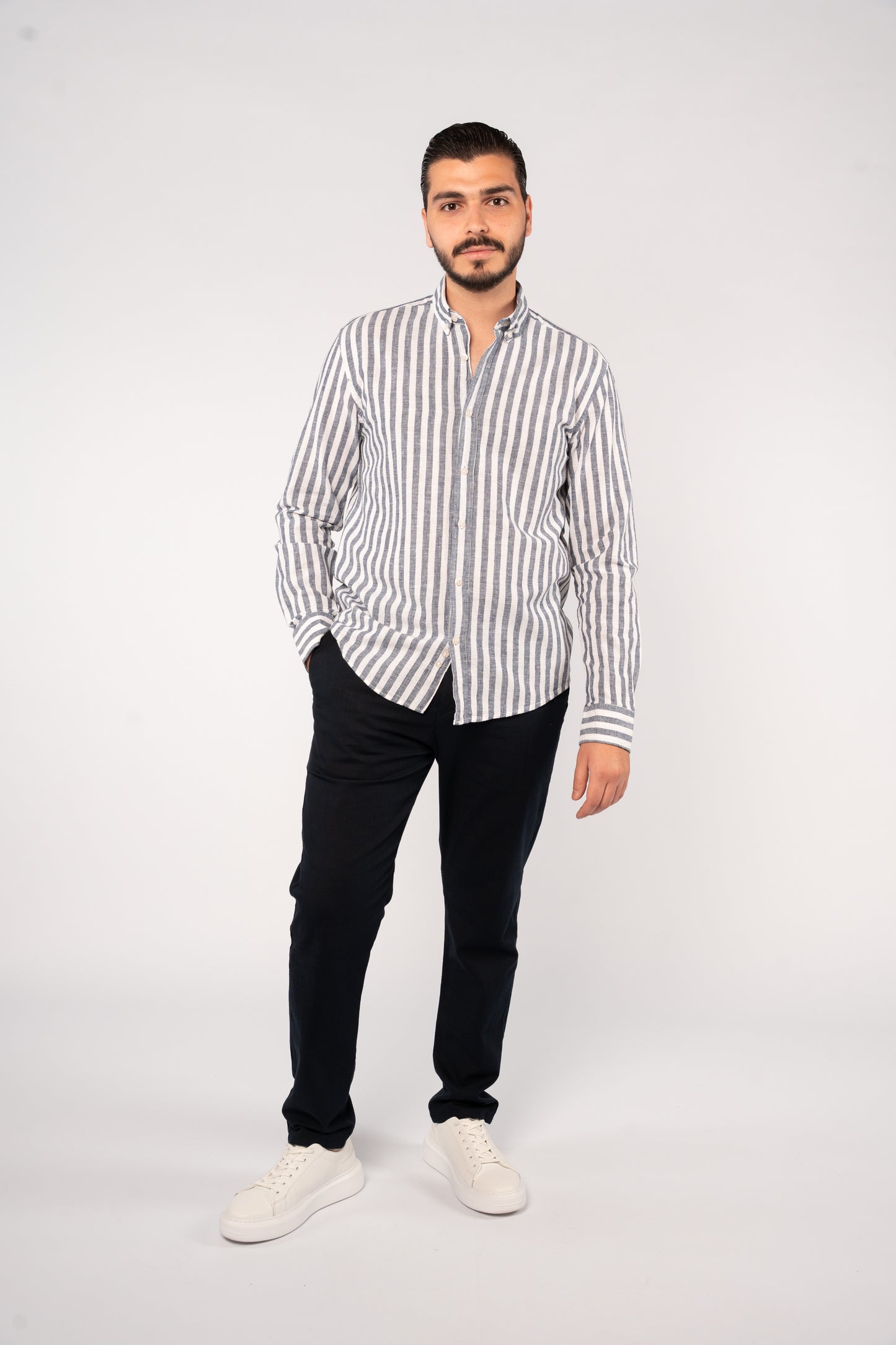 WHITE NAVY LINE LINEN SHIRT