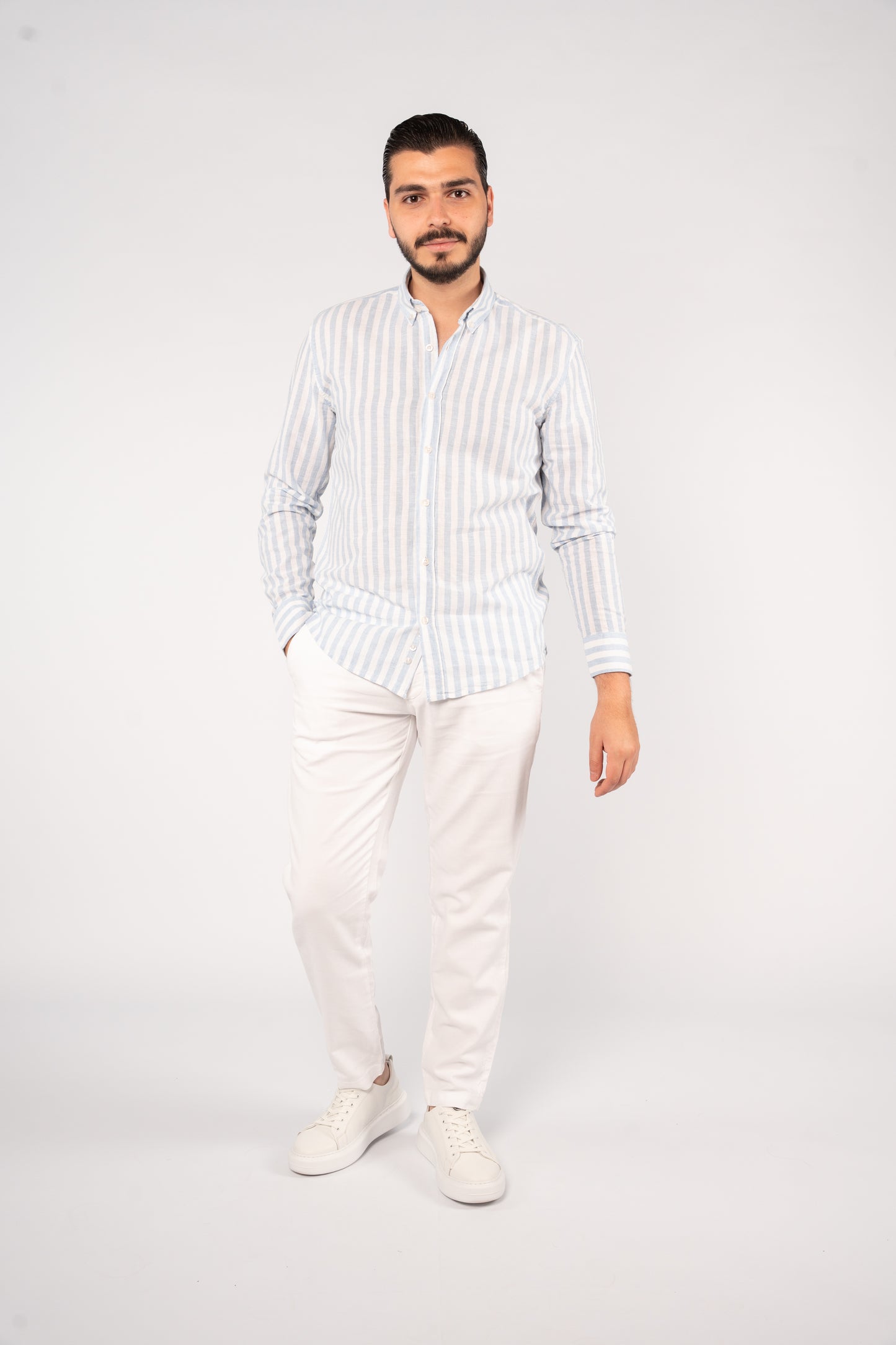 WHITE BLUE LINE LINEN SHIRT