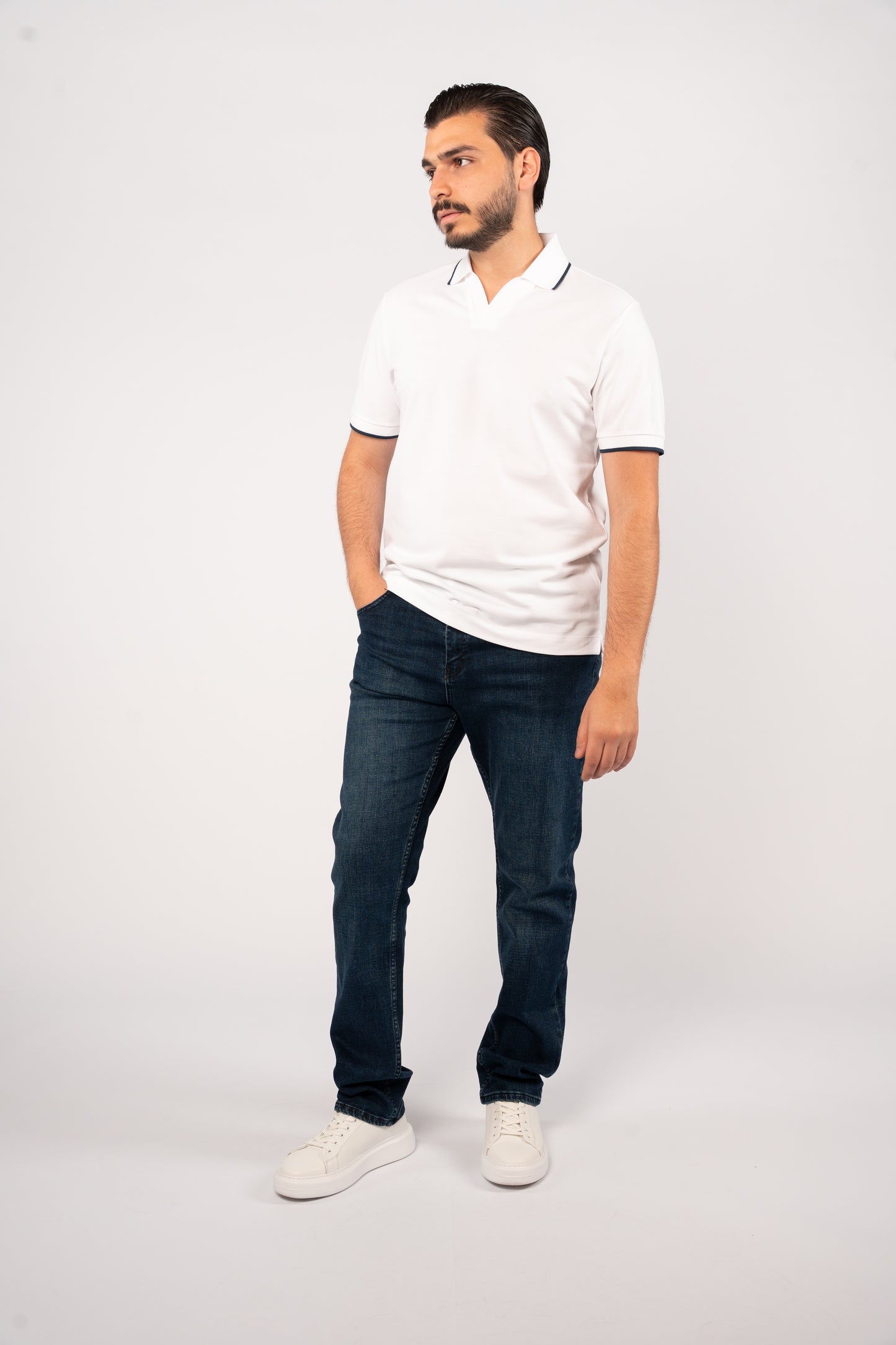 WHITE NAVY LINE VNECK POLO