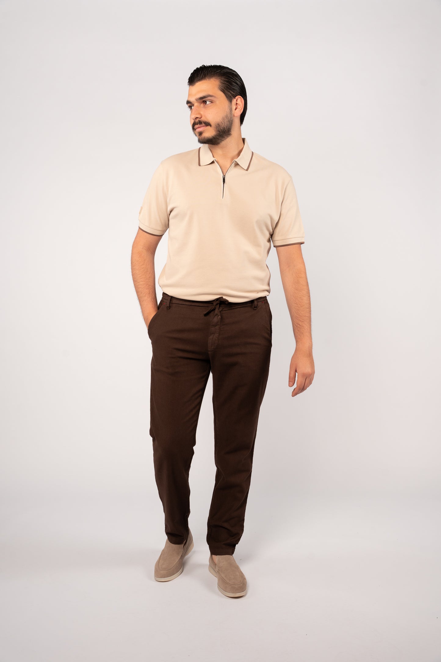BEIGE BROWN LINE ZIPPER POLO