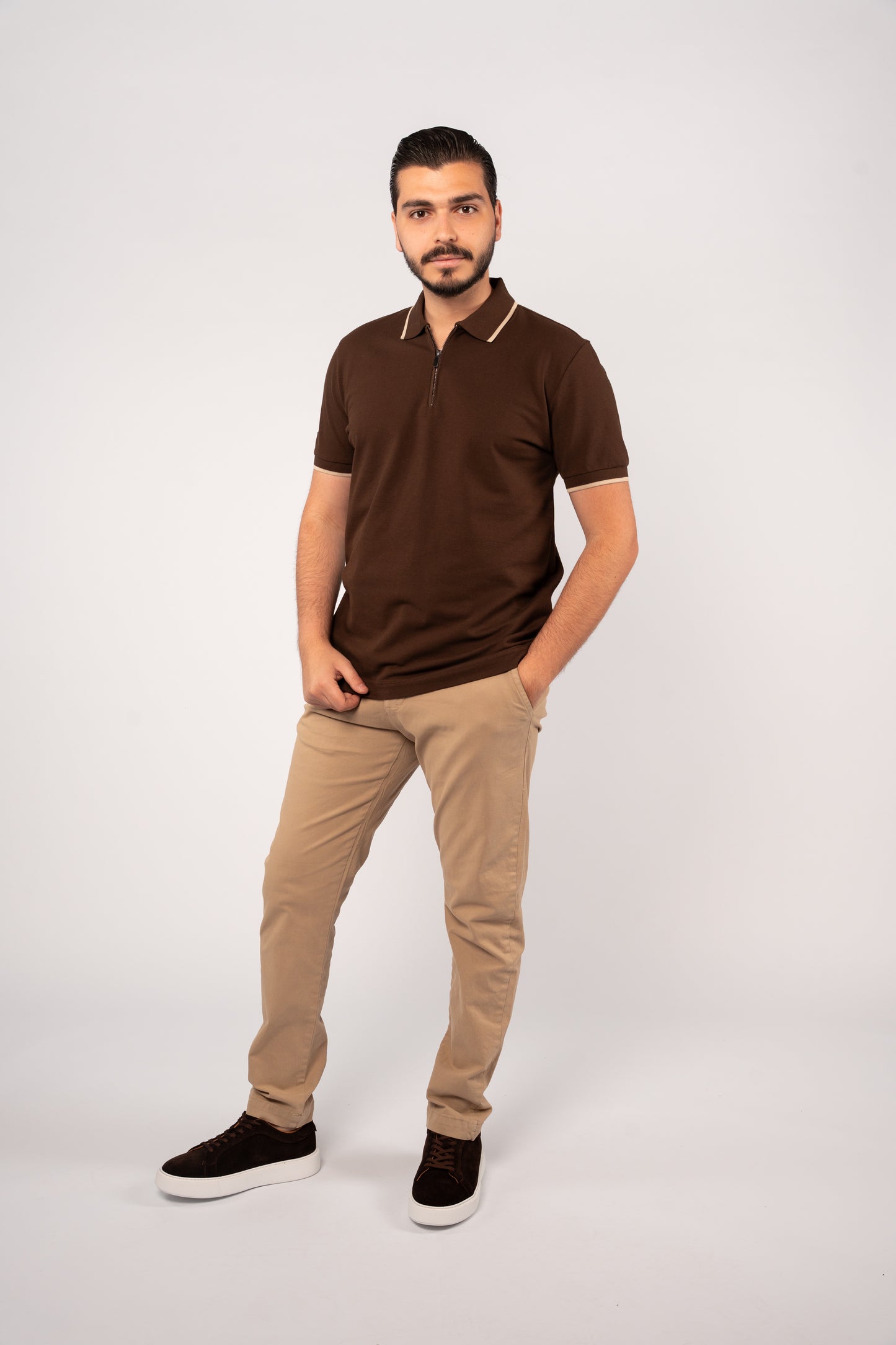 BROWN BEIGE LINE ZIPPER POLO