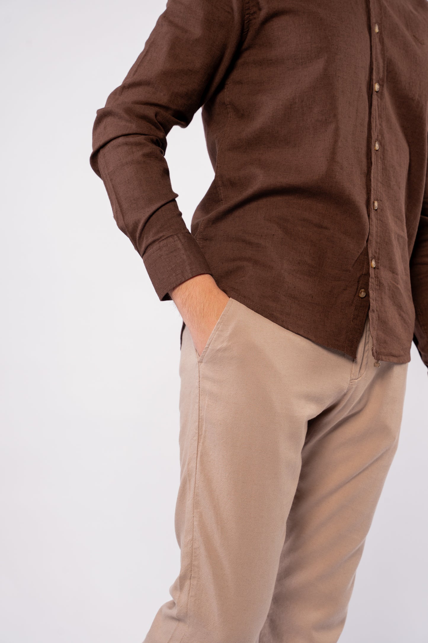 BROWN CHINESE LINEN SHIRT