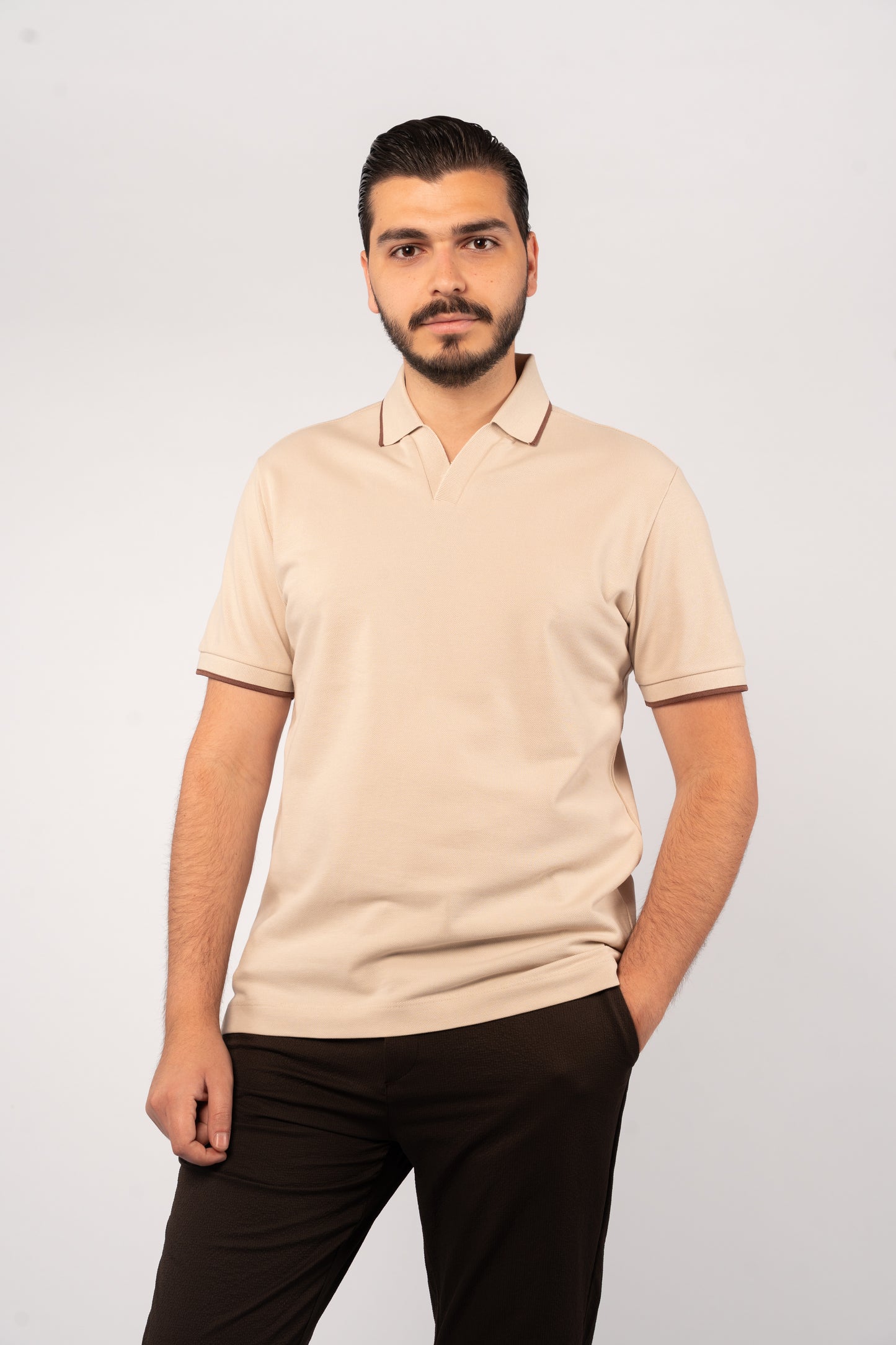 BEIGE BROWN LINE VNECK POLO