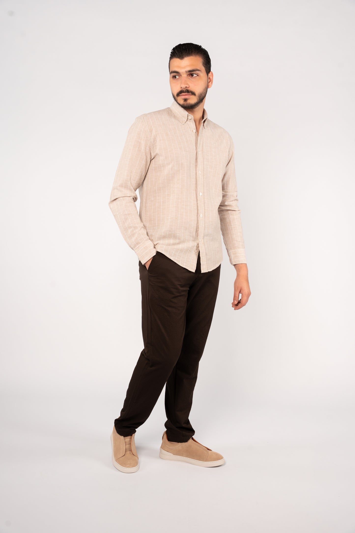 BEIGE WHITE LINE LINEN SHIRT