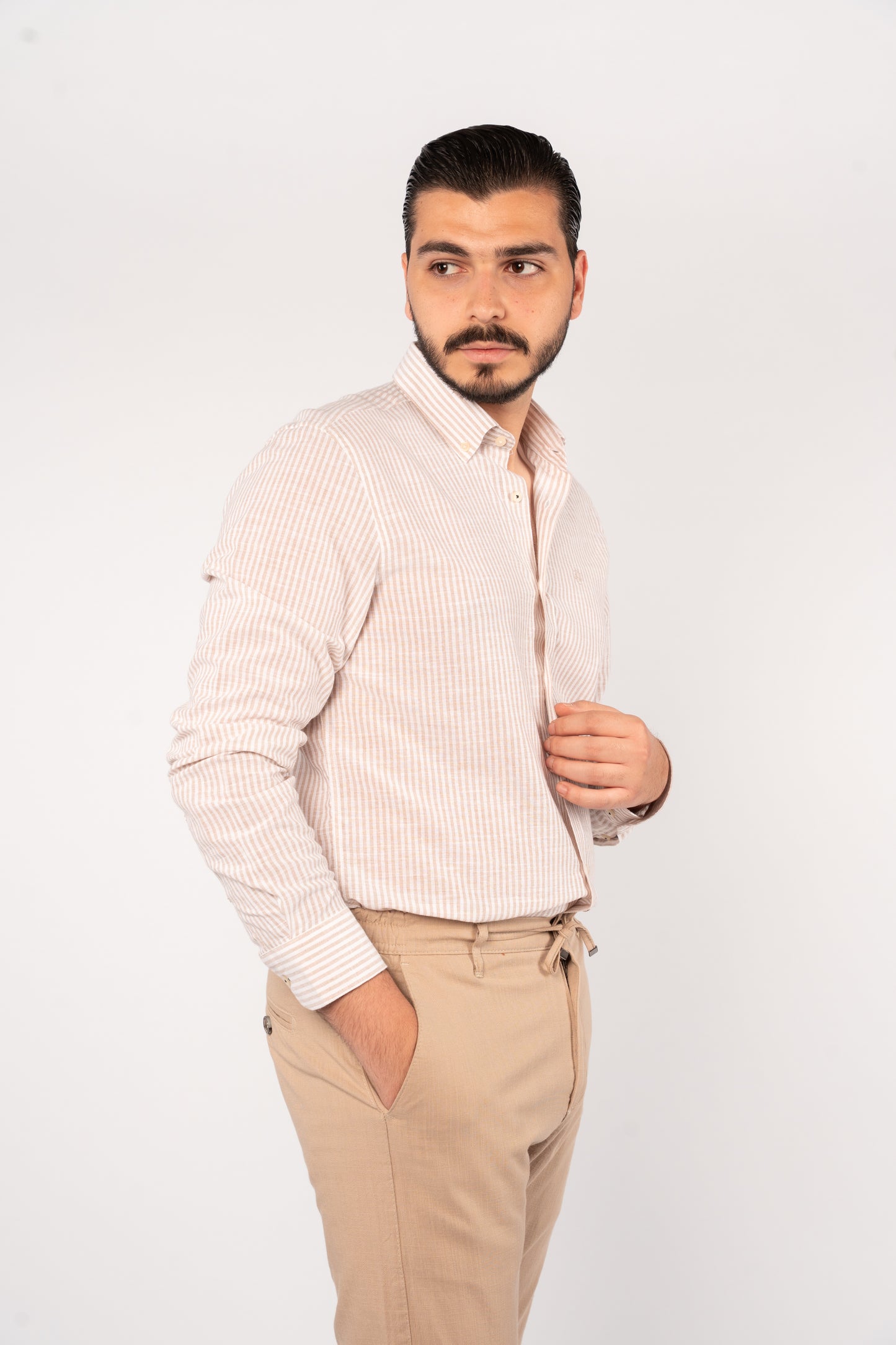 BEIGE LINED OXFORD SHIRT