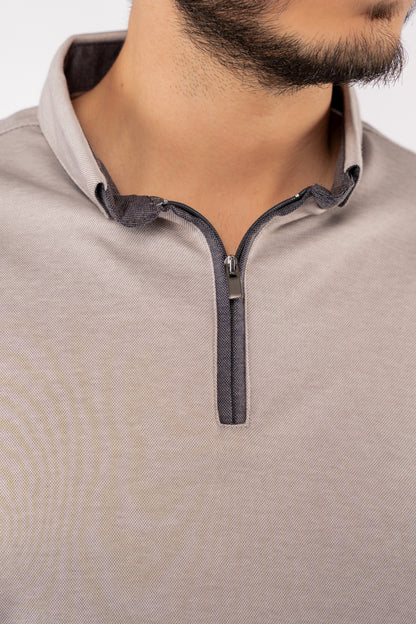 GREY ZIPPER BUTTON COLLAR POLO