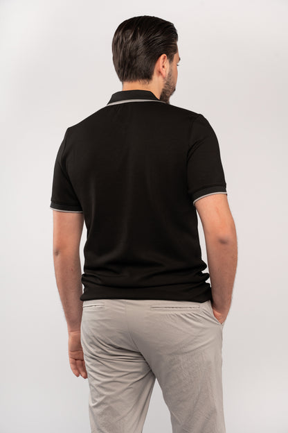 BLACK MIXED COLLAR ZIPPER POLO
