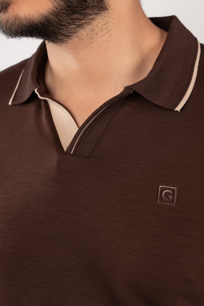 BROWN CASUAL VNECK POLO