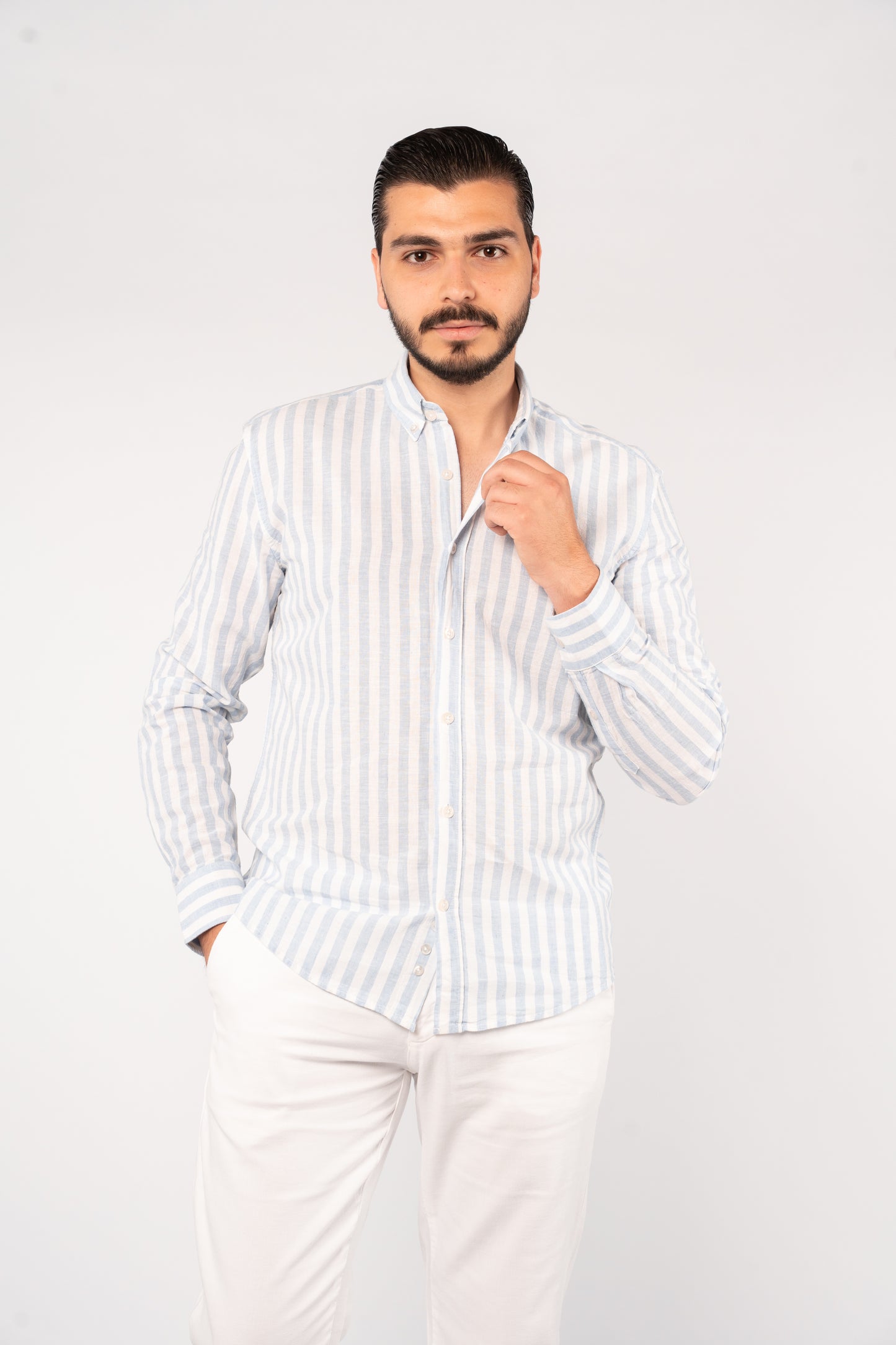 WHITE BLUE LINE LINEN SHIRT