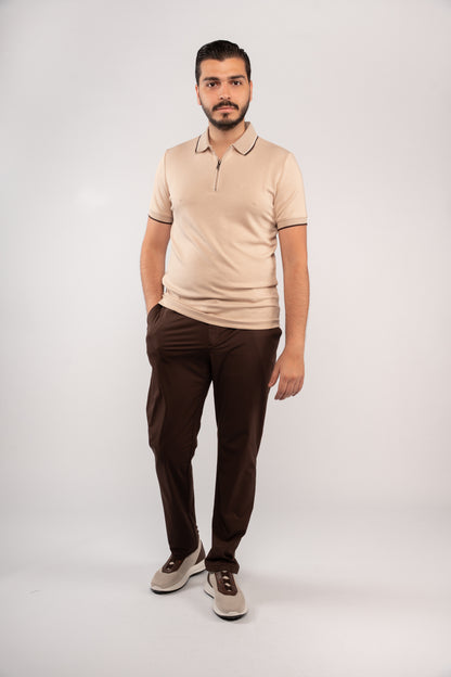 BEIGE MIXED COLLAR ZIPPER POLO