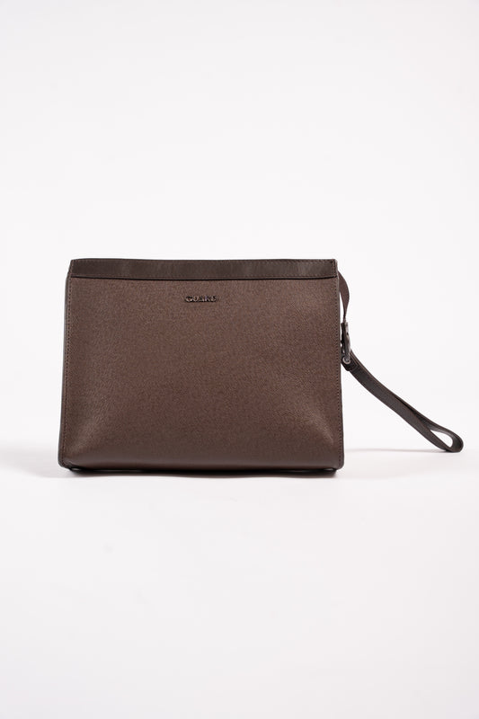 BROWN CROSS GRAIN LEATHER CLUTCH BAG