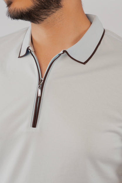 BLUE BROWN LINE ZIPPER MERCERIZED POLO