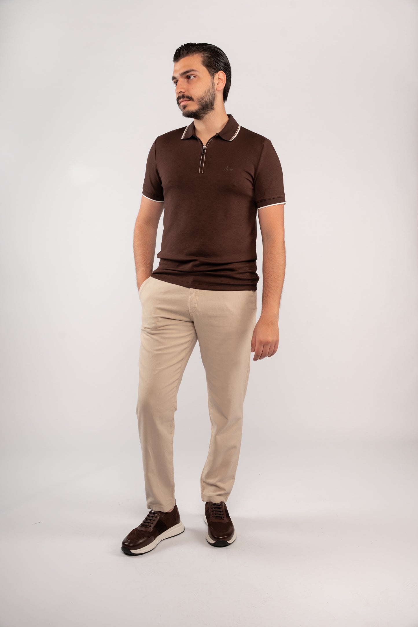 BROWN MIXED COLLAR ZIPPER POLO