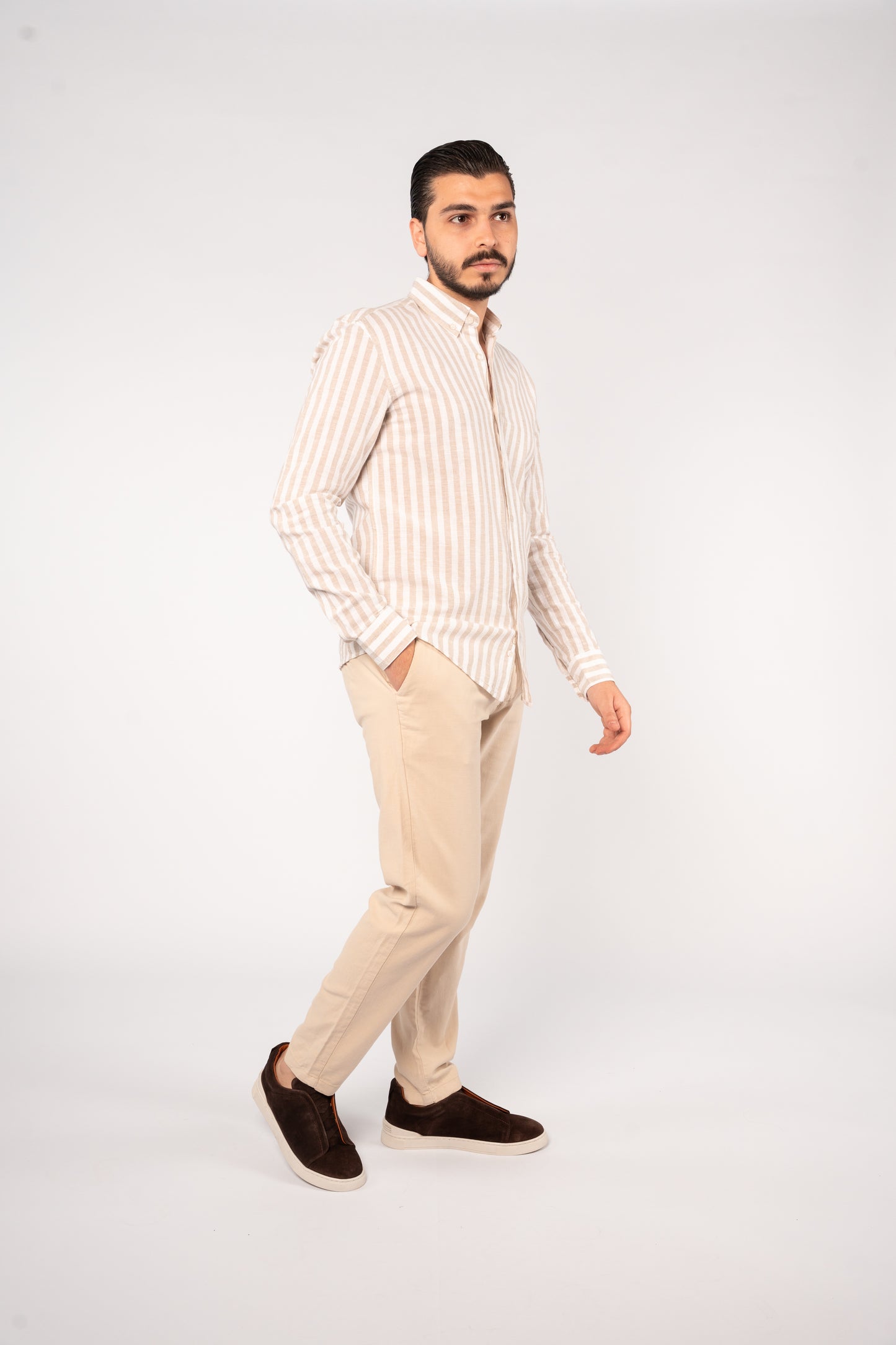 WHITE BEIGE LINE LINEN SHIRT