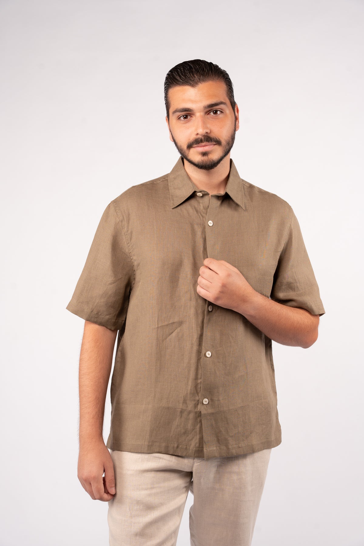 OLIVE HALF SLEEVE 100% LINEN SHIRT