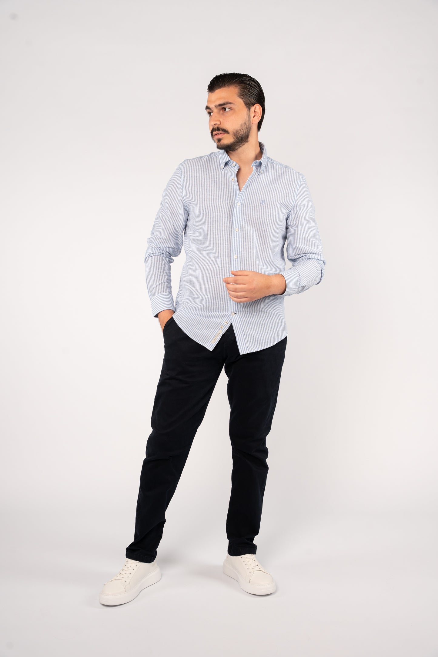 NAVY LINED OXFORD SHIRT