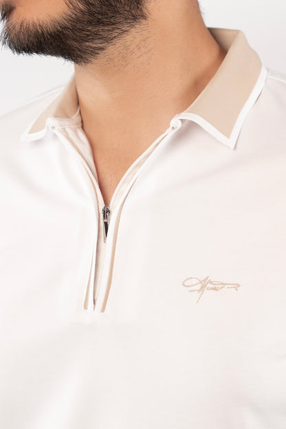 WHITE BEIGE COLLAR ZIPPER POLO