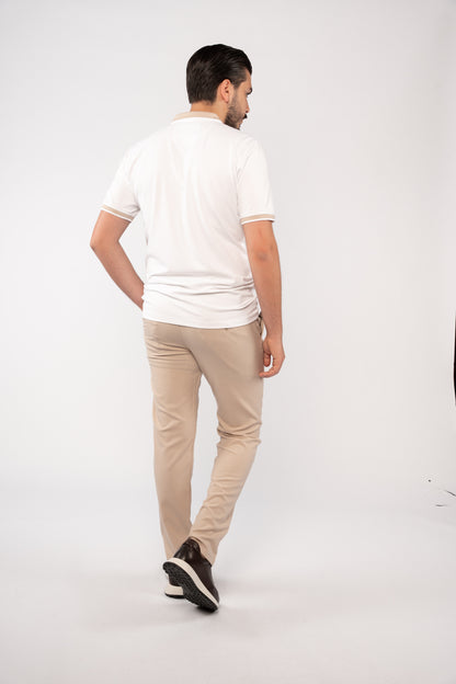 WHITE BEIGE COLLAR ZIPPER POLO