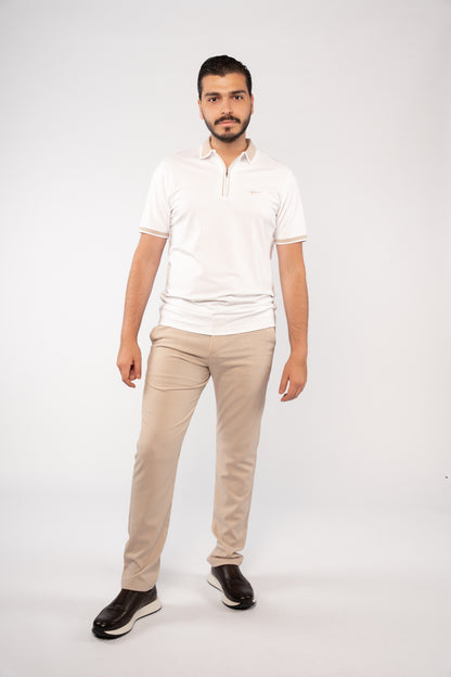 WHITE BEIGE COLLAR ZIPPER POLO