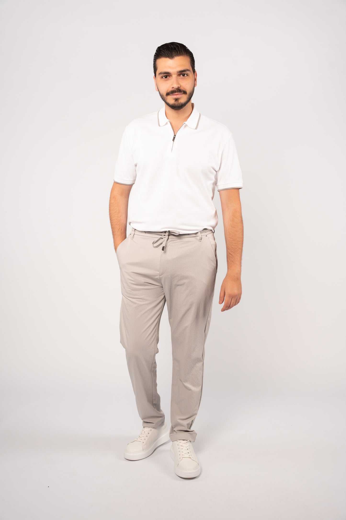 WHITE GREY LINE ZIPPER POLO
