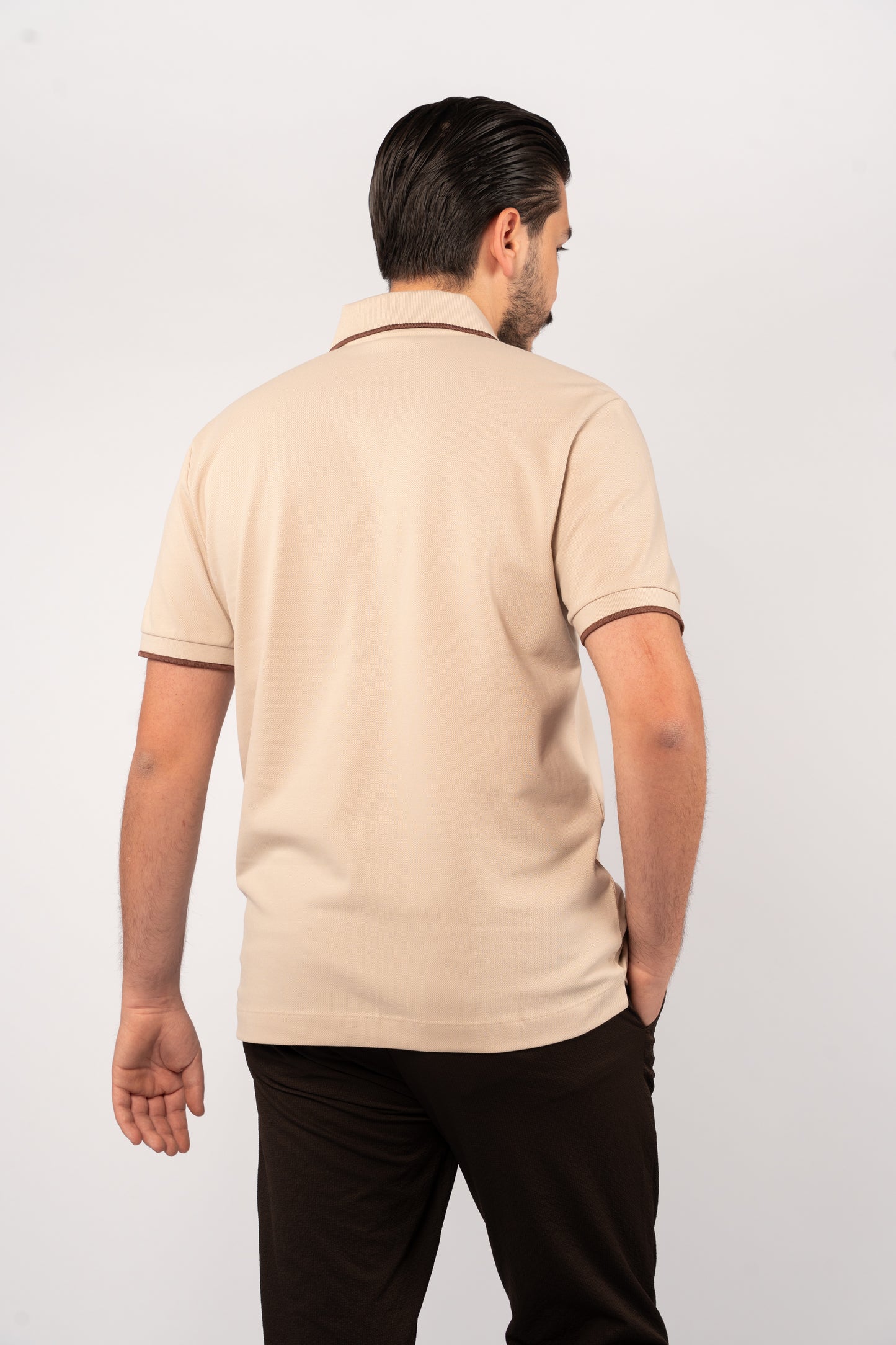 BEIGE BROWN LINE VNECK POLO