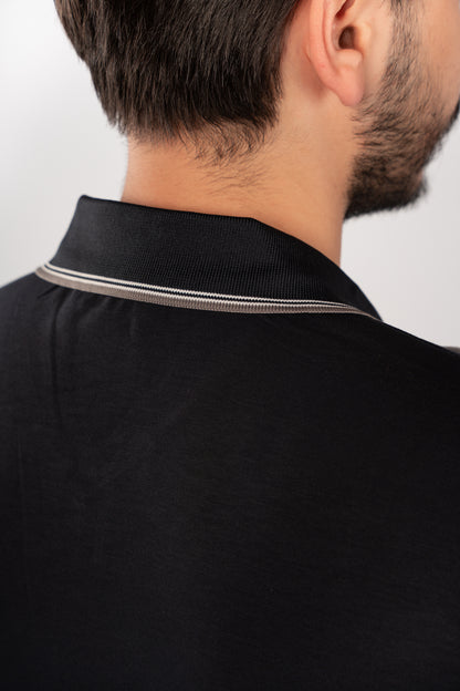 NAVY MIXED COLLAR ZIPPER POLO