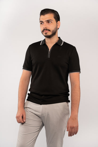 BLACK MIXED COLLAR ZIPPER POLO