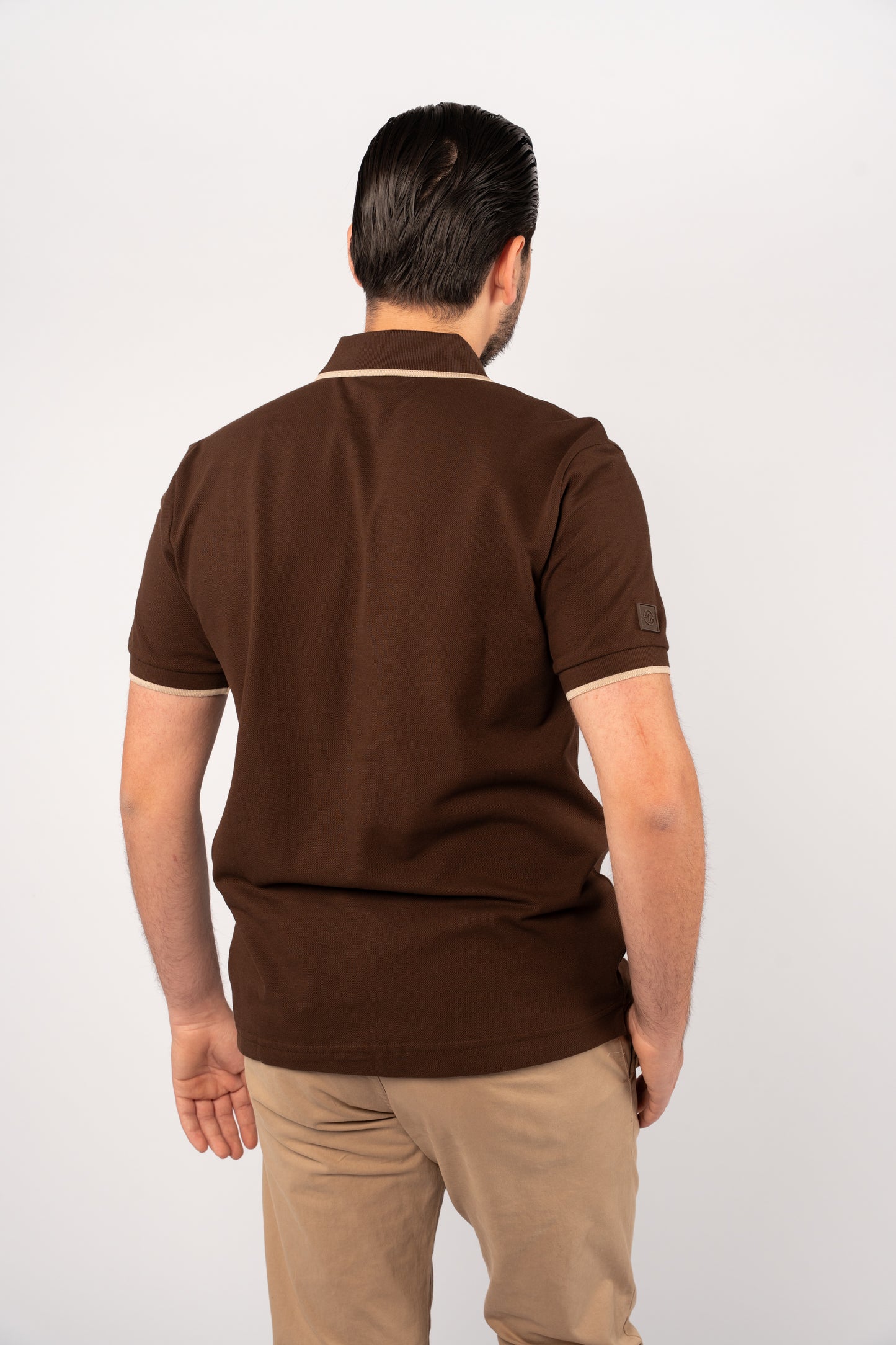 BROWN BEIGE LINE ZIPPER POLO