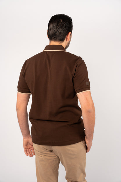 BROWN BEIGE LINE ZIPPER POLO