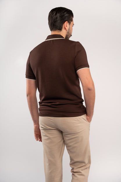 BROWN MIXED COLLAR ZIPPER POLO