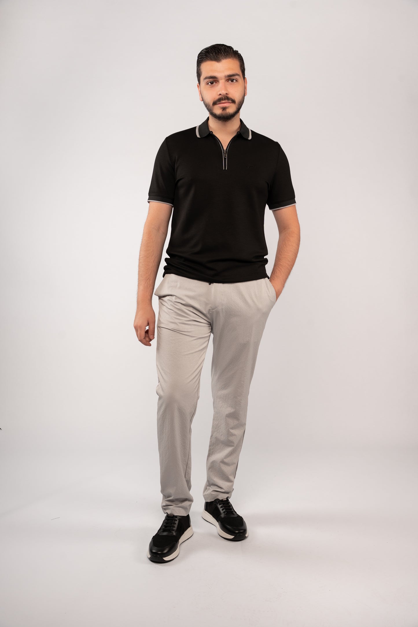 BLACK MIXED COLLAR ZIPPER POLO