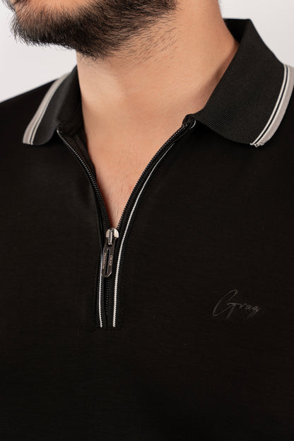 BLACK MIXED COLLAR ZIPPER POLO