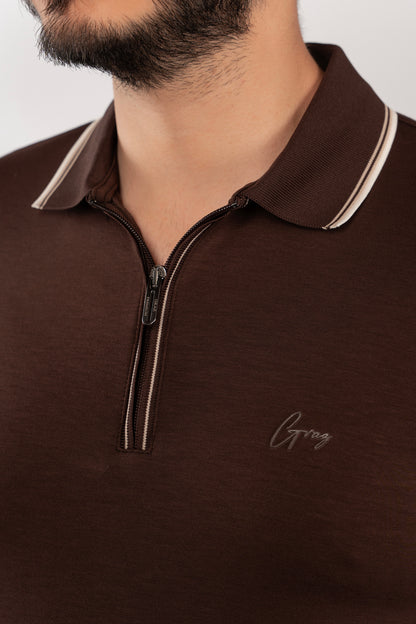 BROWN MIXED COLLAR ZIPPER POLO