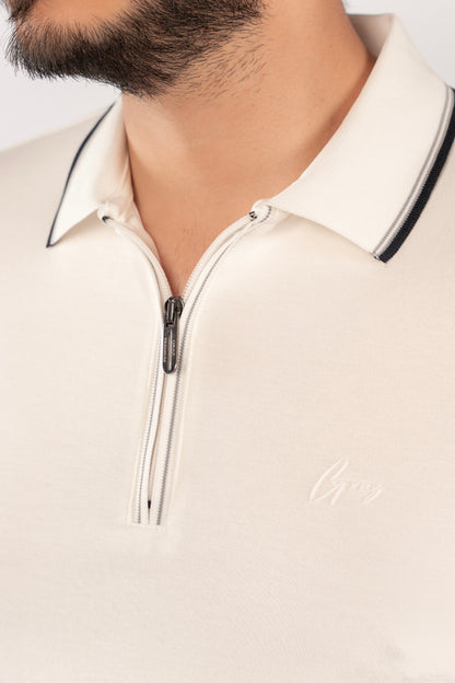 WHITE MIXED COLLAR ZIPPER POLO