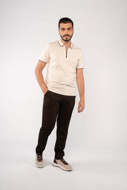 BEIGE BROWN LINE ZIPPER MERCERIZED POLO