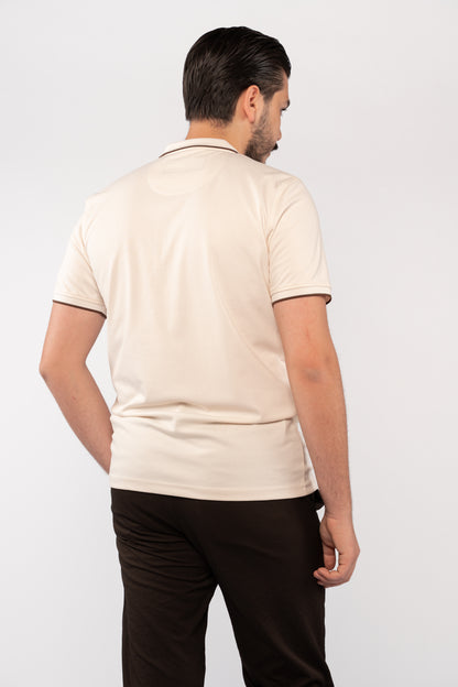 BEIGE BROWN LINE ZIPPER MERCERIZED POLO