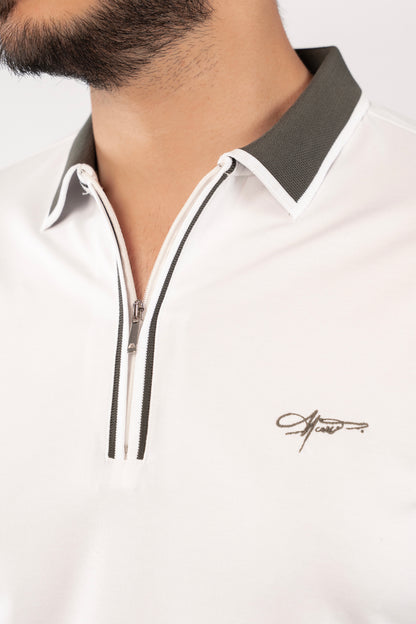 WHITE OLIVE COLLAR ZIPPER POLO