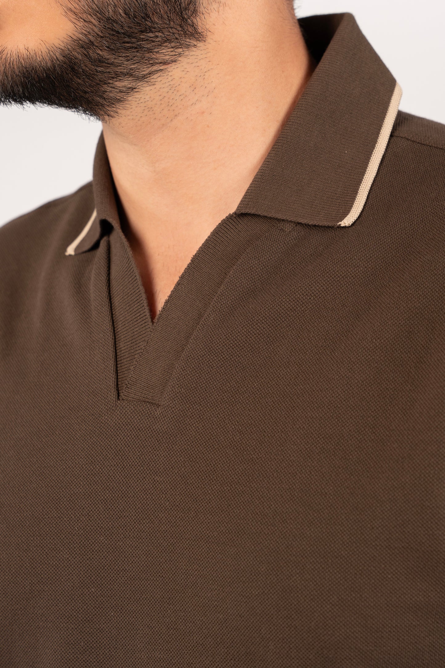 BROWN BEIGE LINE VNECK POLO