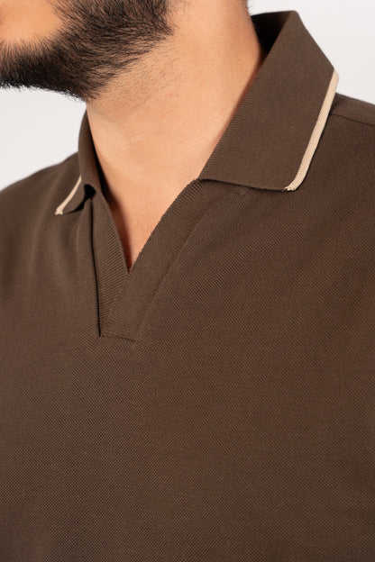 BROWN BEIGE LINE VNECK POLO
