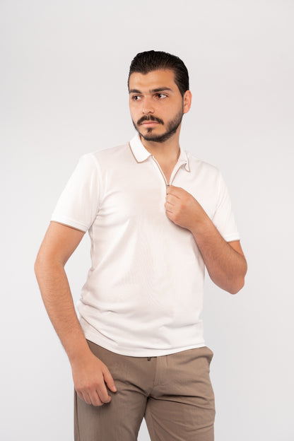 WHITE BEIGE LINE ZIPPER MERCERIZED POLO