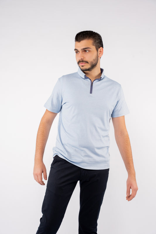 BLUE ZIPPER BUTTON COLLAR POLO