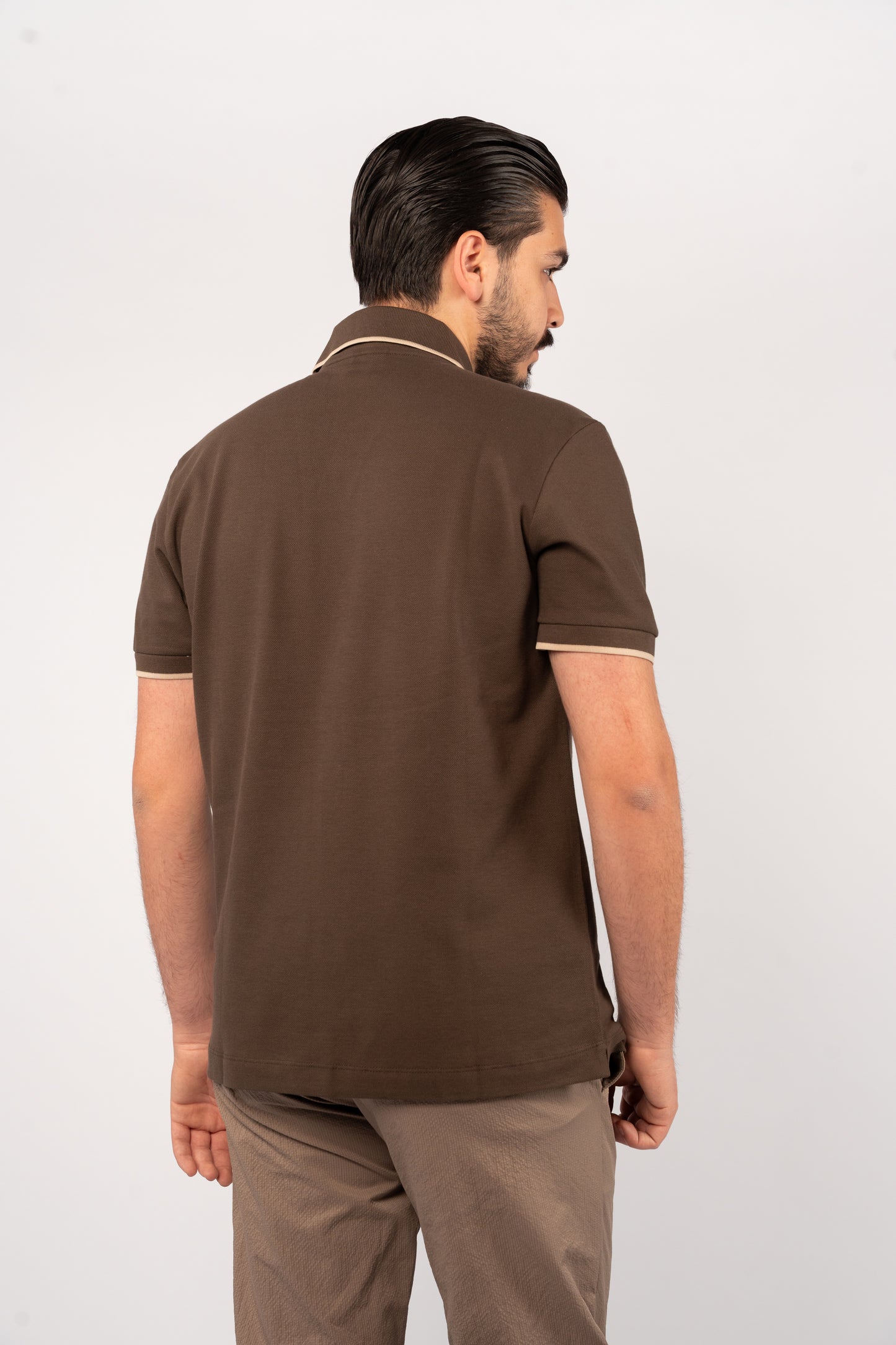 BROWN BEIGE LINE VNECK POLO