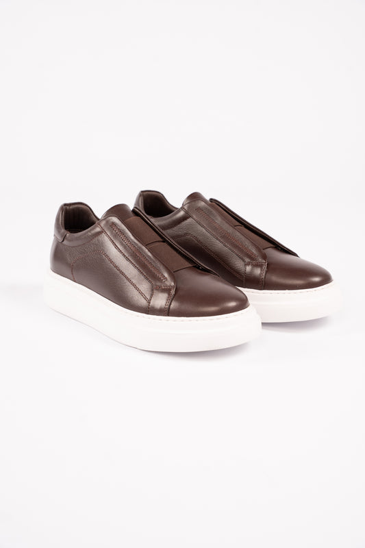 BROWN LEATHER HIGHSOLE ELASTIC SNEAKER