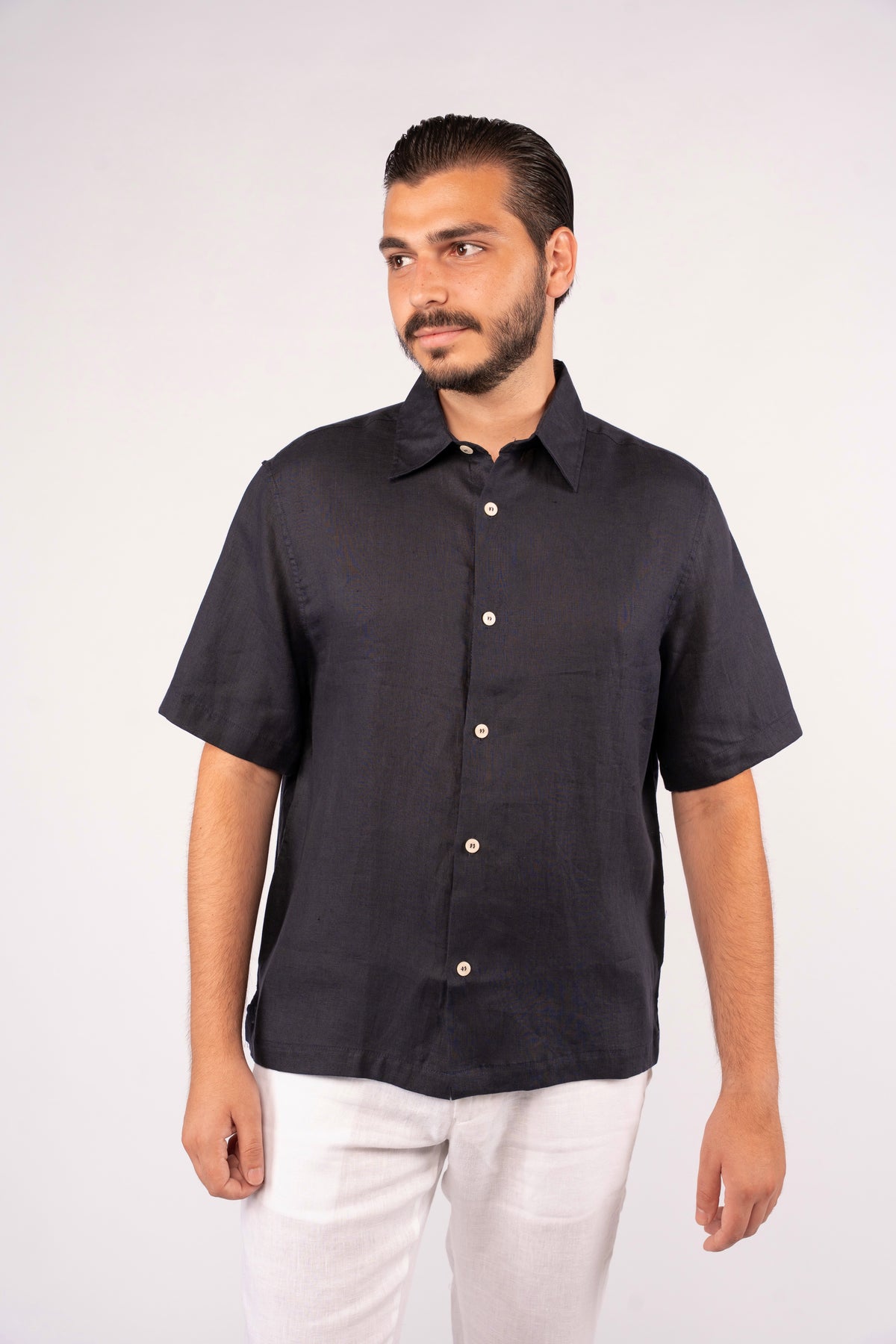 NAVY HALF SLEEVE 100% LINEN SHIRT
