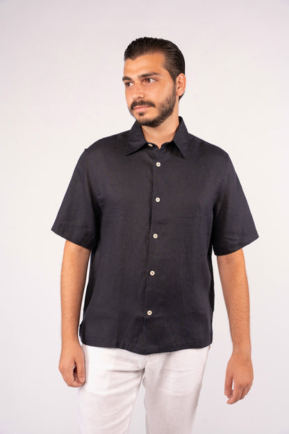 NAVY HALF SLEEVE 100% LINEN SHIRT
