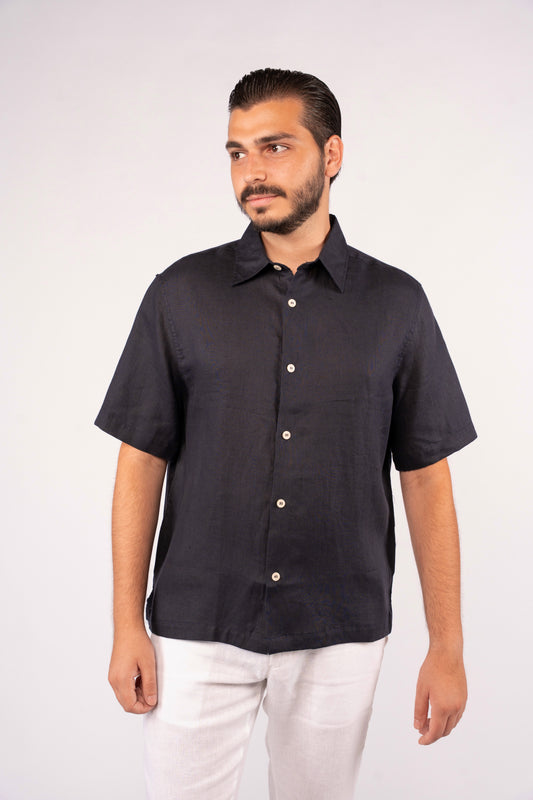 NAVY HALF SLEEVE 100% LINEN SHIRT