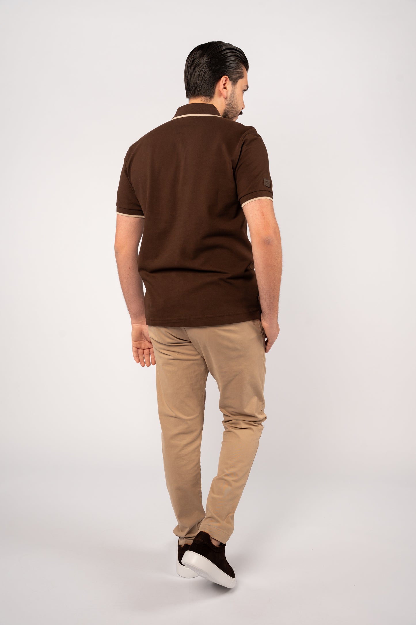 BROWN BEIGE LINE ZIPPER POLO