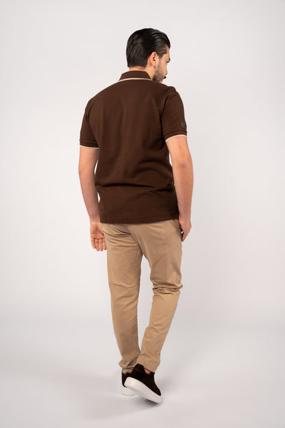 BROWN BEIGE LINE ZIPPER POLO