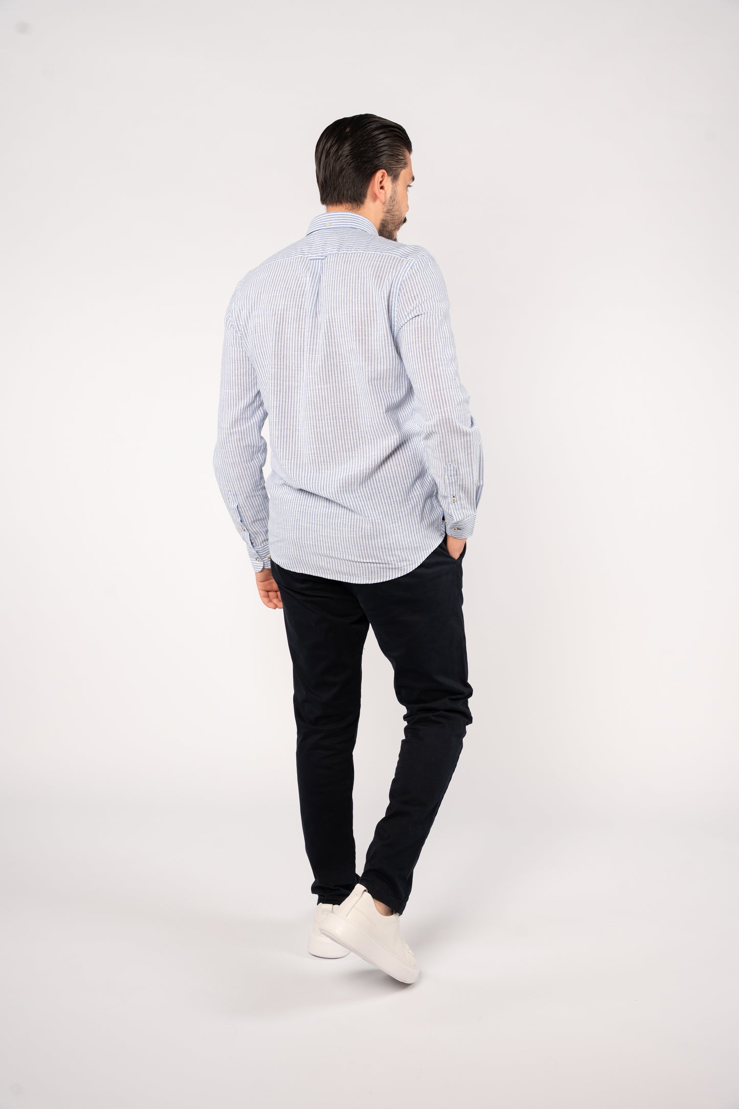 NAVY LINED OXFORD SHIRT