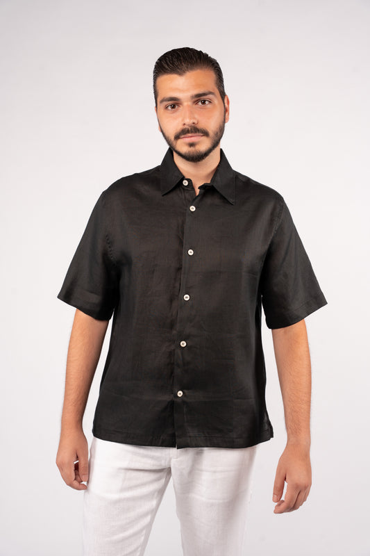 BLACK HALF SLEEVE 100% LINEN SHIRT